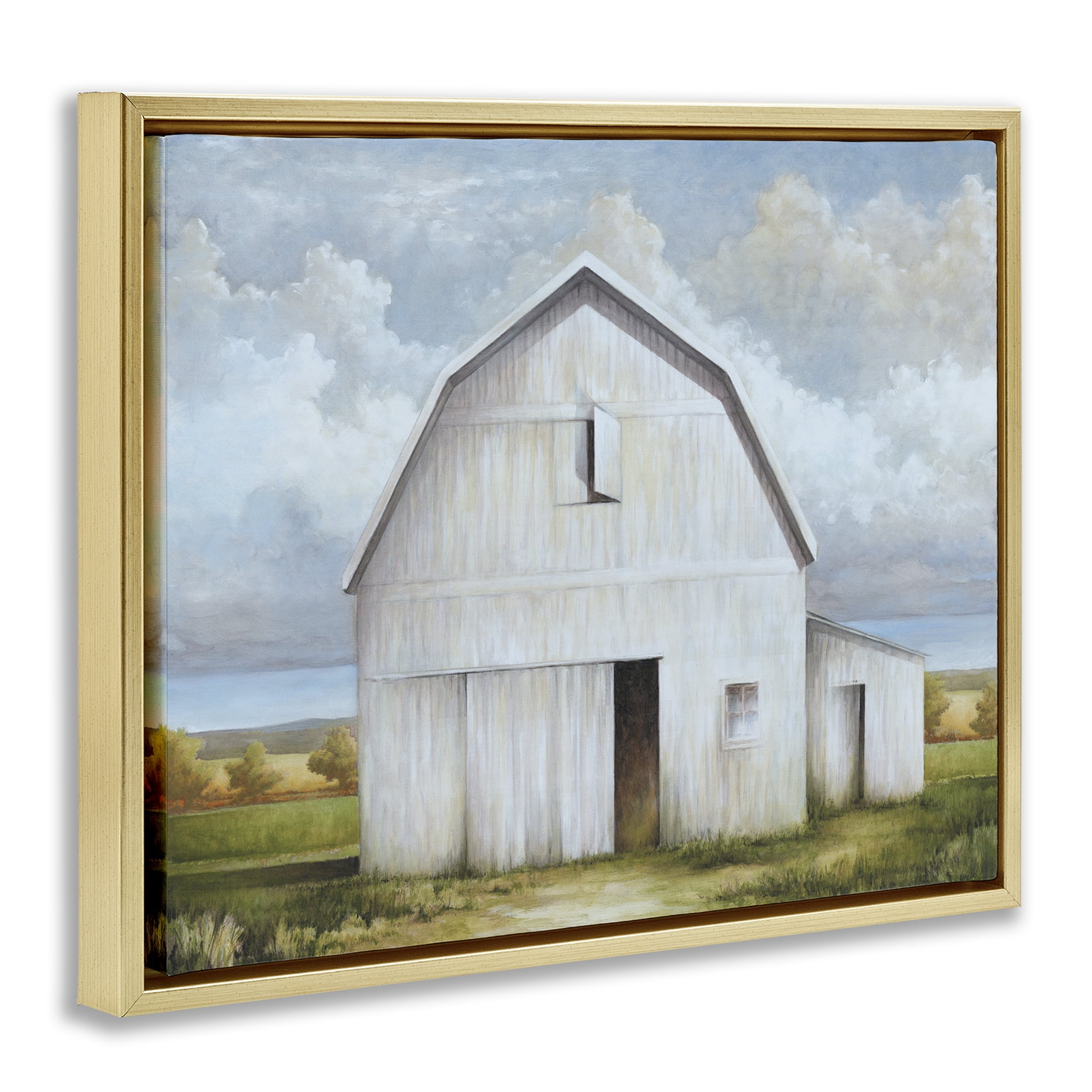 Stupell Industries White Barn with Clouds Landscape Painting Gold Floater Framed Canvas Art Print Wall Art, 21 x 17