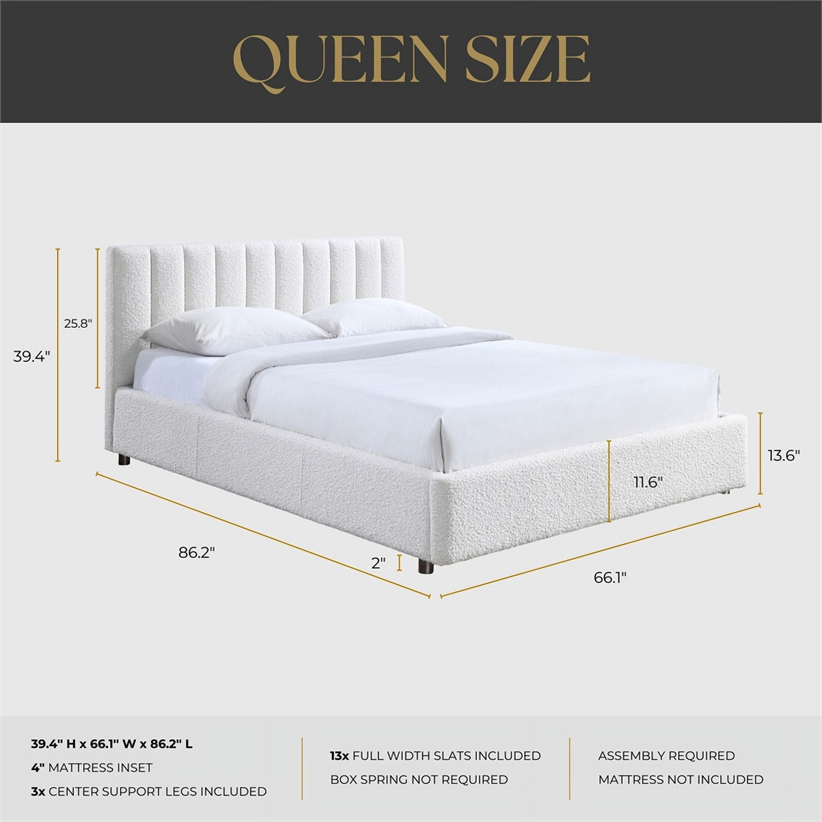 Omax Decor Jaxon Upholstered Platform Queen Bed in White Boucle Fabric