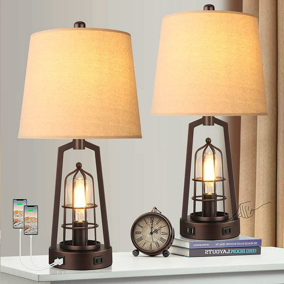 Partphoner Farmhouse Retro Style Table Lamps Set of 2 with USB Ports, 3-Way Dimmable Touch Lamp