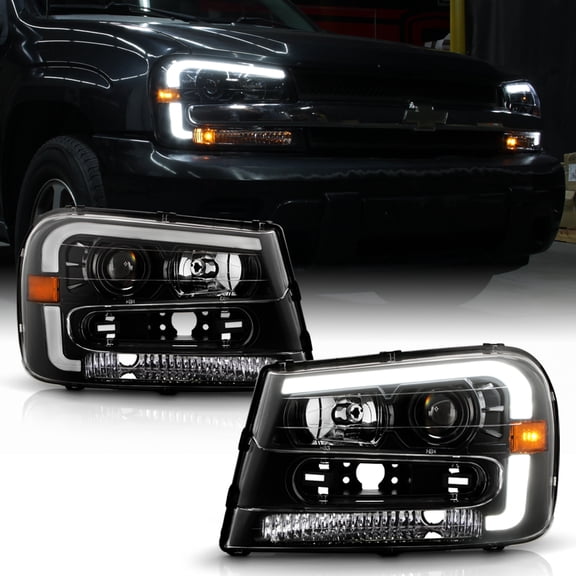 2002-2009 Chevy Trailblazer Black LED Tube Projector Headlights Pair Left Right