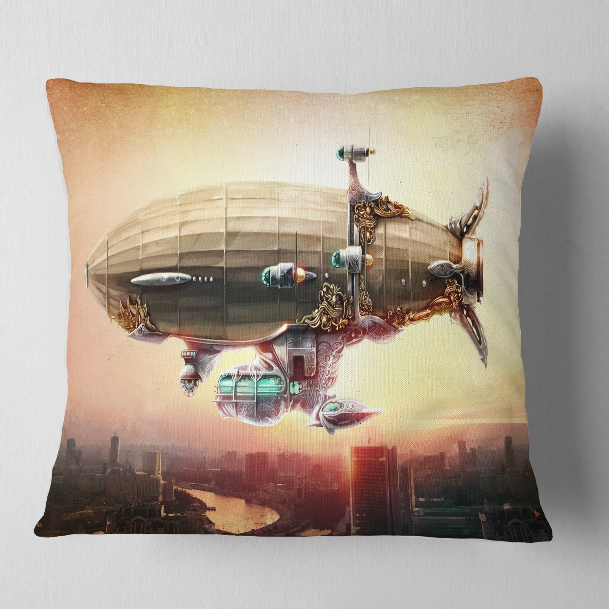 Designart Dirigible Balloon in Sky over City - Abstract Throw Pillow - 16x16