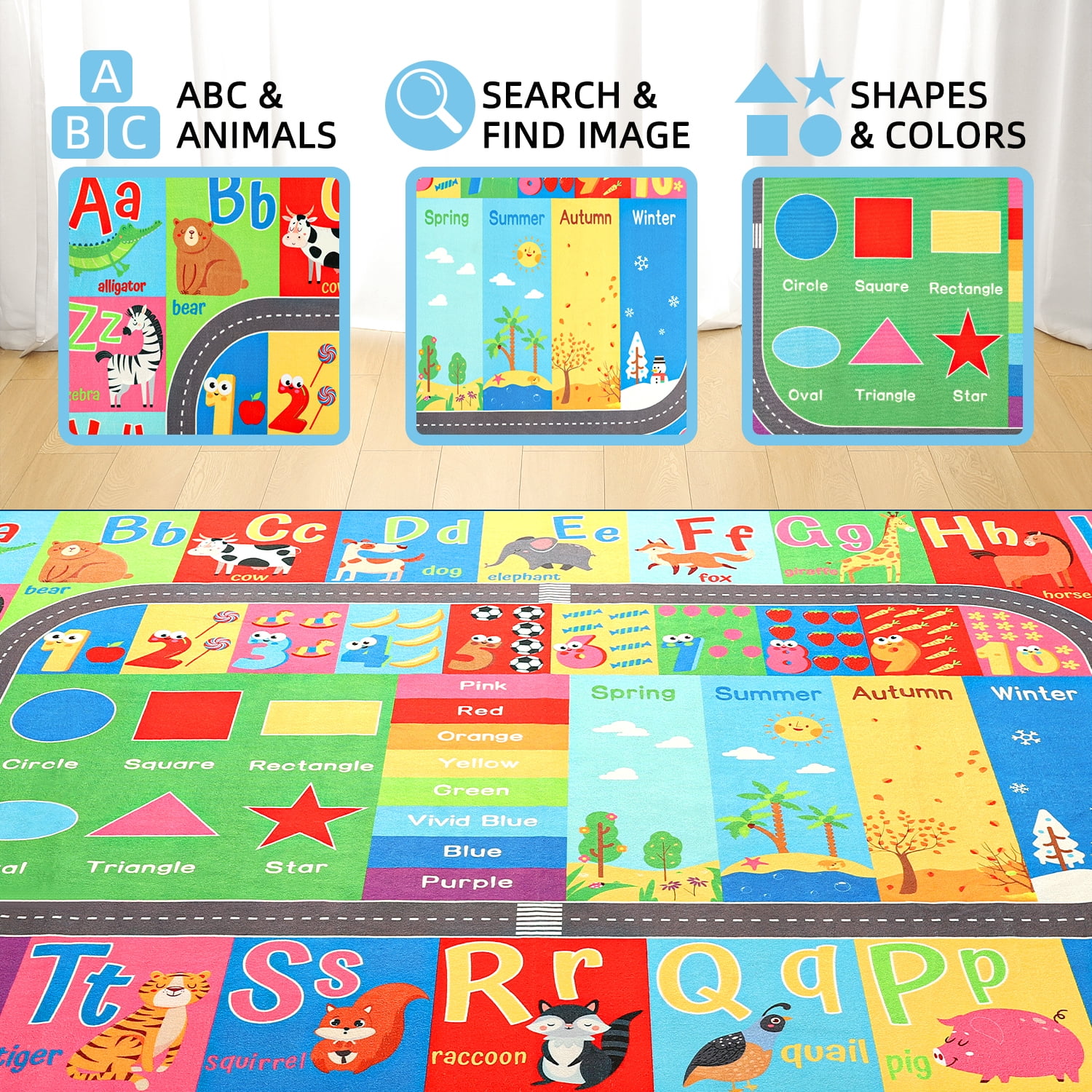 Dwelke Kids Educational Rug, Kids Collection Area Rug for Learning Alphabet, Numbers, Colors, Season and Animal Words, Playmat for Classroom Playroom,3'x5'