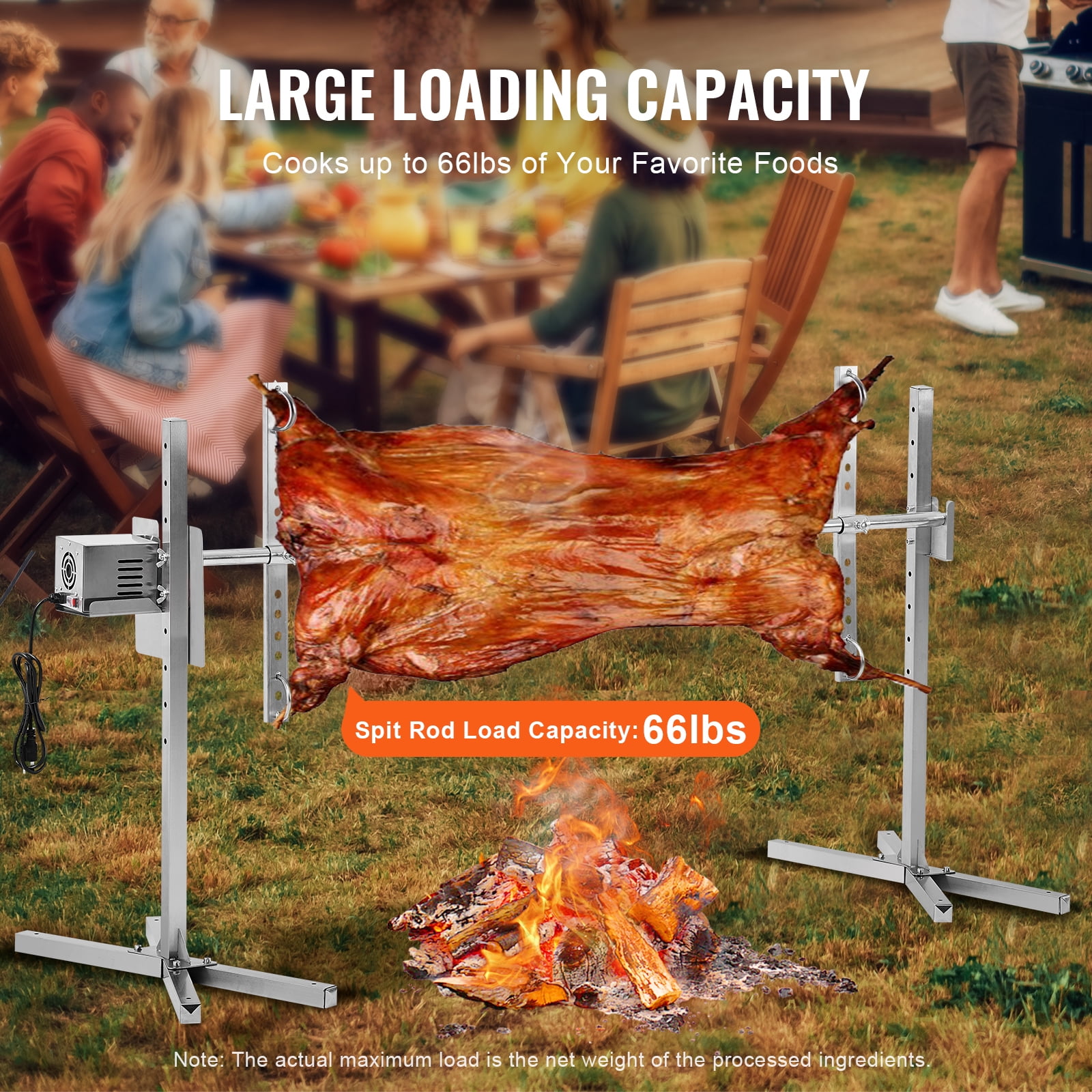 KFFKFF Electric Rotisserie BBQ Kit, 56" with 132 lbs Load, 52W Auto Motor, Adjustable Height, Universal Fit Stand, Stainless Steel, Includes Spit Rod & Heat Guard for Pork & Lamb