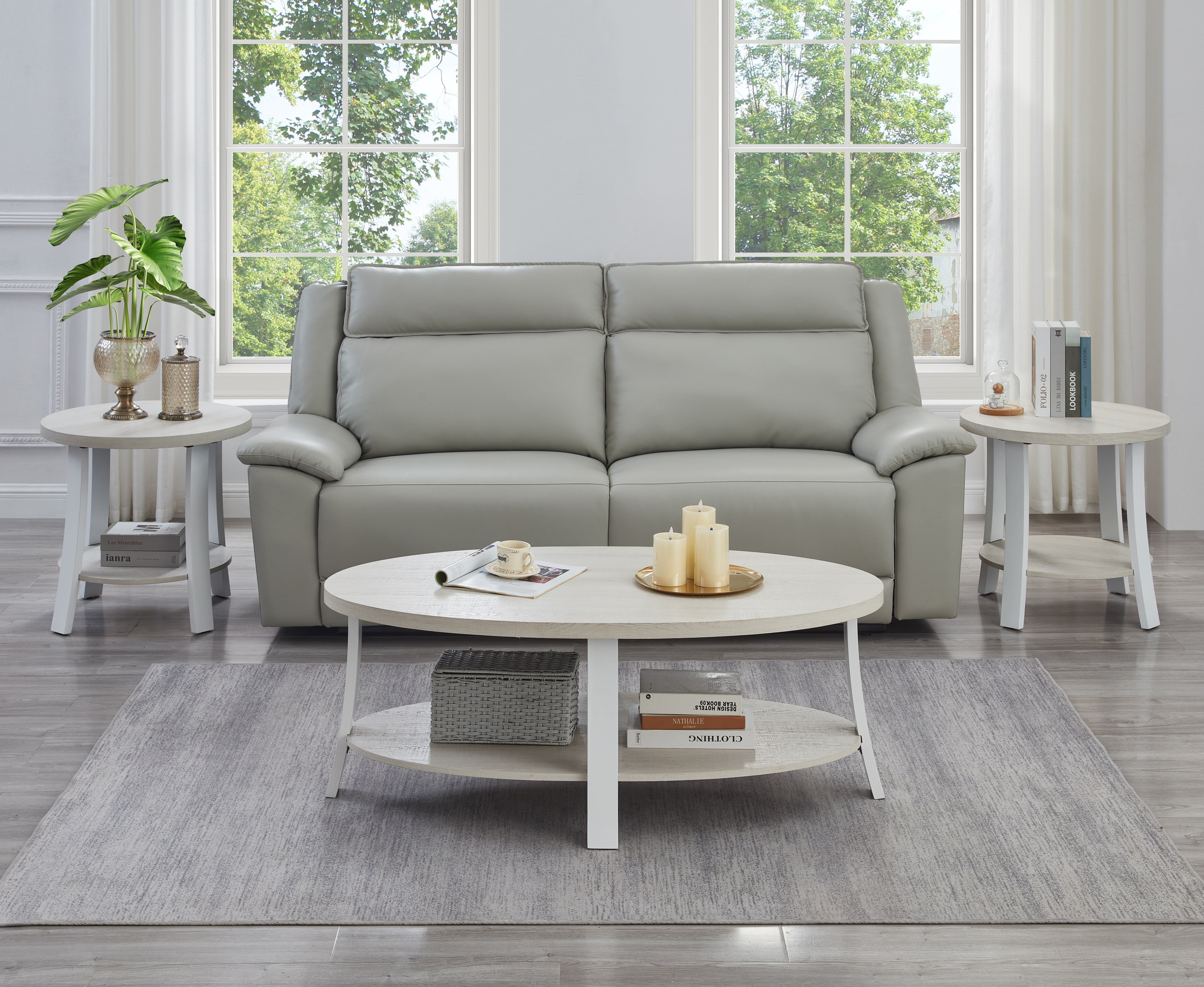 Roundhill Furniture Anze Living Room Contemporary Oval Wood Shelf 3-Piece Coffee Table Set in White Finish