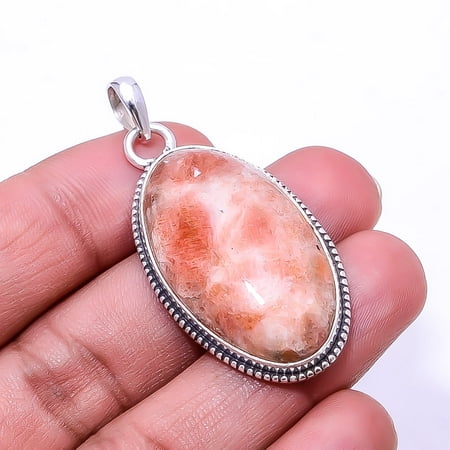 Golden Sunstone -Madagascar 925 Silver Plated Bali Pendant 1.95", Orange Golden Sunstone Pendant P_8032_327_28