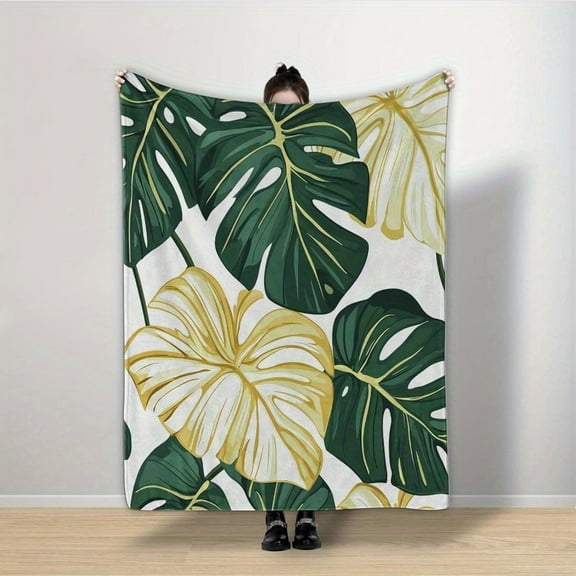 Queen Size Monstera Tropical Plant Flannel Blanket – Soft, Cozy Jungle Botanical Throw with Vibrant Green Leaves & Yellow Flowers, Warm Fuzzy Blanket for Couch