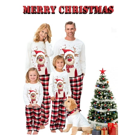 

Christmas Family Matching Pajamas Sets Reindeer Print Tops Plaid Pants Xmas Sleepwear Holiday Loungewear Jammies Pjs Outfit