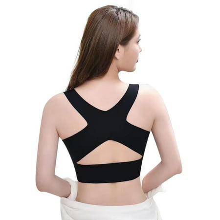 

Spdoo Womens Humpback Corrected Seamless Bra Latex Underwear Two-in-One Gathering Adjustable Front Buckle Wireless Bra Black L