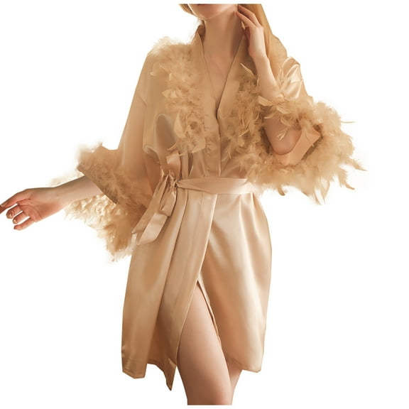 Nfurl Satin Short Robes for Women Comfy Flare Plush Sleeve Bridesmaids Bride Wedding Party Robe Elegant Solid Color Sleepwear Soft Nightgowns Gold L