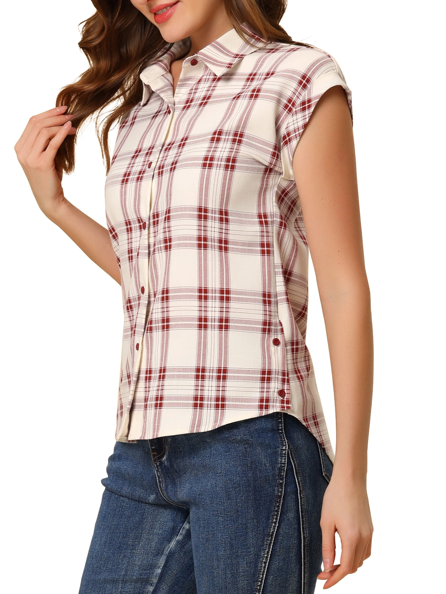 DARING DIVA Women's Summer Plaid Short Sleeves Button Down Shirts S Red-White