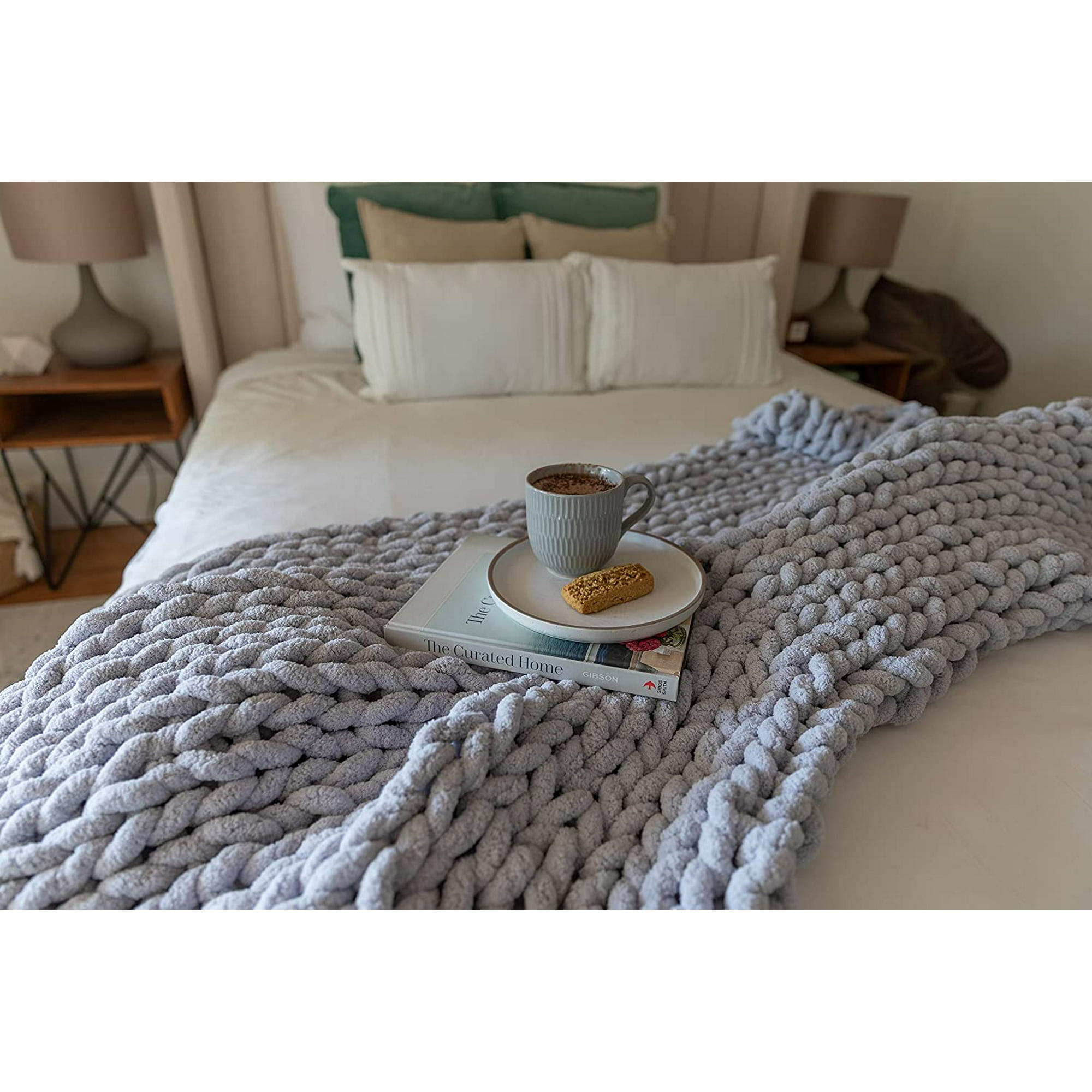 Hongchun Chenille Chunky Knit Blanket Chunky Knit Blanket Knitted Throw Knit Blanket For Sofa 120 X 150cm Light Grey