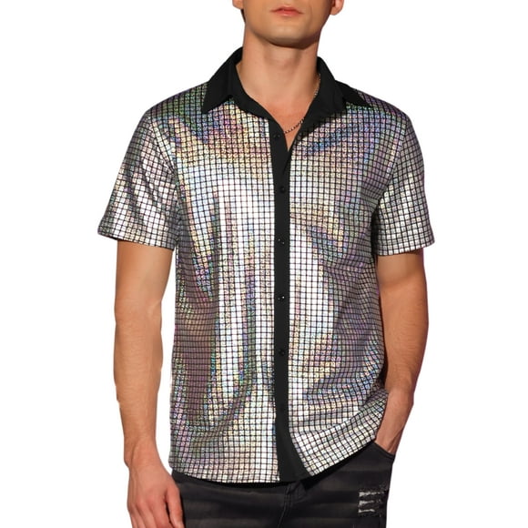 Camisas metálicas brillantes de INSPIRE CHIC para hombres, de manga corta, con botones, camisas de fiesta disco, color plateado
