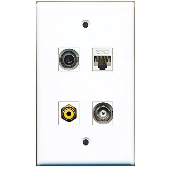RiteAV - 1 Port RCA Yellow 1 Port 3.5mm 1 Port BNC 1 Port Cat5e Ethernet White Wall Plate