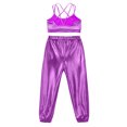 thumbnail image 4 of Hansber Kids Girls Hip Hop Dance Outfits Metallic Camisole  Crisscross Strappy Back Crop Top and Shiny Pants Purple 12, 4 of 5