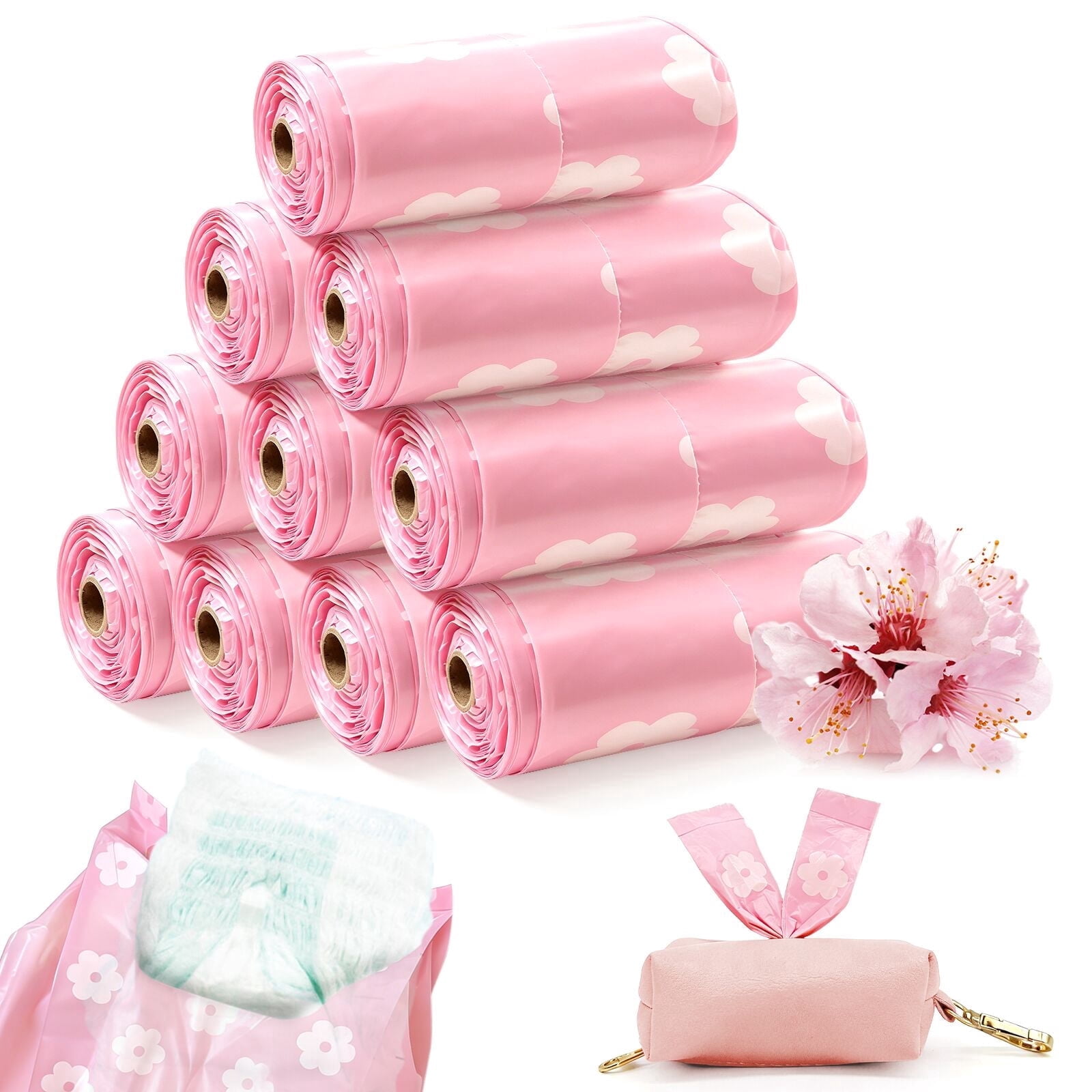Sadocom Easy-to-Tie Tabs Odor-Sealing Disposable Diaper Bags Bulk, Sakura Scented, 150 Count, Odor-Sealing Dirty Diaper Trash Bags, New Parent Gift