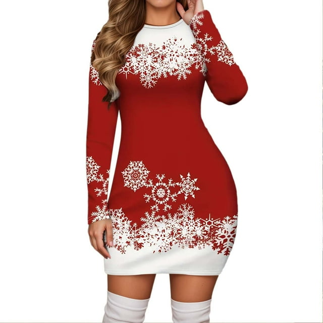 Krdevn Décoration de Noël, Robe Imprimée Flocon de Neige Bonhomme de Neige, Robe Décontractée à Manches Longues et Col Rond