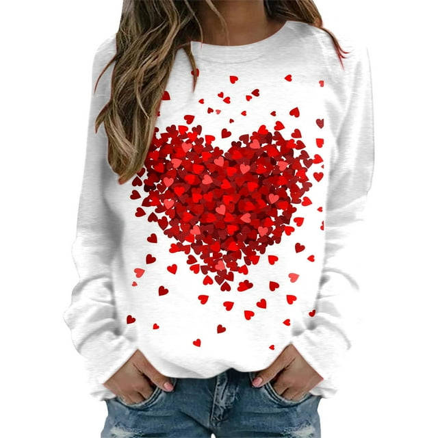 SOMOWI Chandails de la Saint-Valentin pour Femmes, Imprimé, Col Rond, Coupe Ajustée, Chandail à Enfiler, Manches Longues, Entraînement, Blouse Ample, Blanc, Graphique, Hauts d'Automne, P