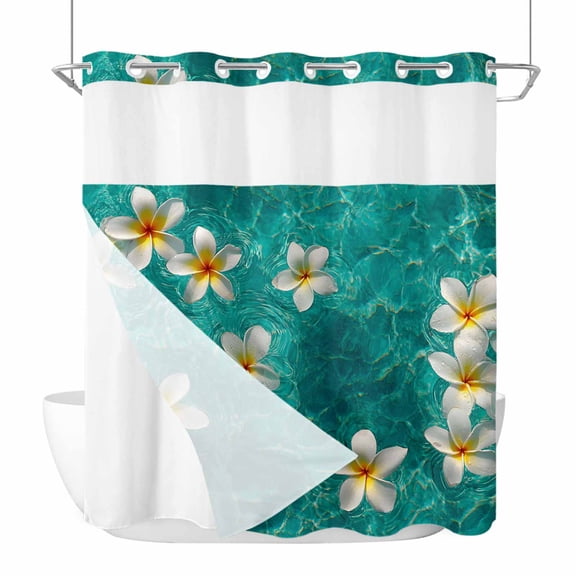 No Hook Plumeria Coastal Shower Curtain with Snap in Liner Set, Summer Beach Teal Blue Ocean Waterproof Fabric Bathroom Curtains with See Through Top Window, Hotel Style Modern 66 x 72 Inch