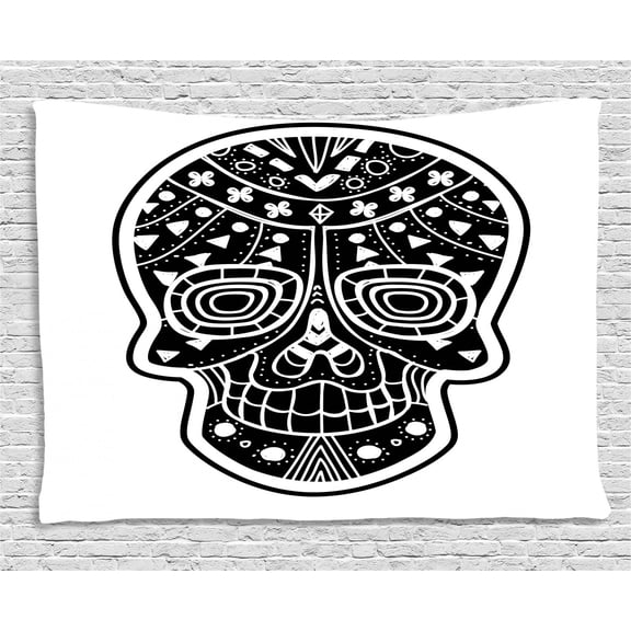 Sugar Skull Tapestry, Tribal Style Skull Figure with Primitive Floral Geometric Ornamentation, Wall Hanging for Bedroom Living Room Dorm Decor, 60W X 40L Inches, Black and White, by Ambesonne