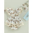 thumbnail image 4 of Wassery Infant Baby Girls Easter Jumpsuit Outfits Cartoon Rabbit Print Lace Flying Sleeves Bodysuit Square Neck Ruffle Romper + Bow Headband My First Easter Summer Clothes 0-24M, 4 of 8