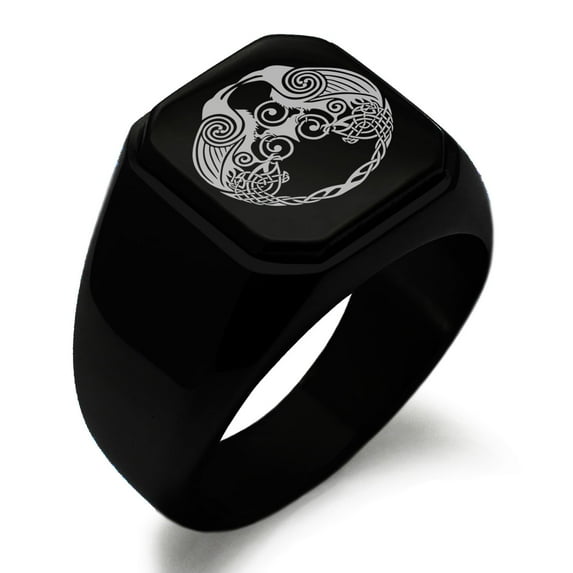 Stainless Steel Yggdrasil Huginn & Muninn Odin's Ravens Engraved Square Flat Top Biker Style Polished Signet Ring