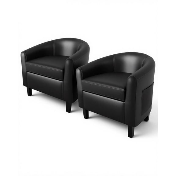 Set of 2 Faux Leather Barrel Club Chairs, Soft Cushioned Accent Armchairs for Bedroom, Reading Room and Waiting Room, Black