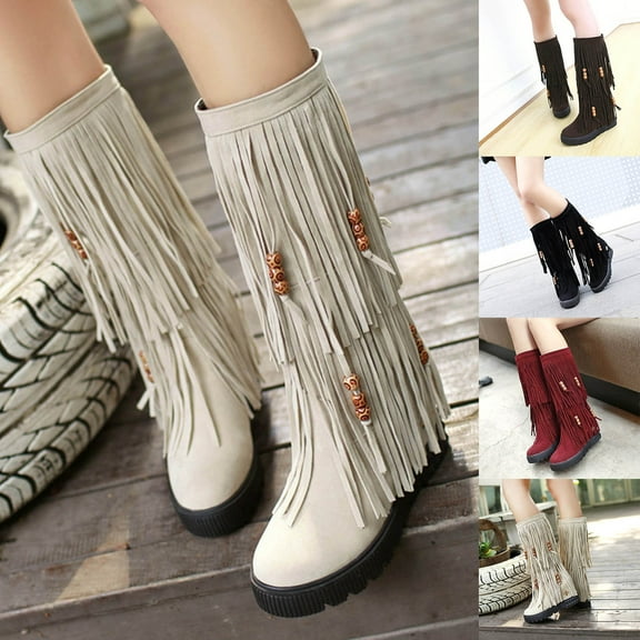 Women's Boots Thick-Soled Chunky Low Heel Round Toe Mid Calf Booties Casual Outdoor Dressy Comfortable Winter Warm Shoes for Women Beige 6