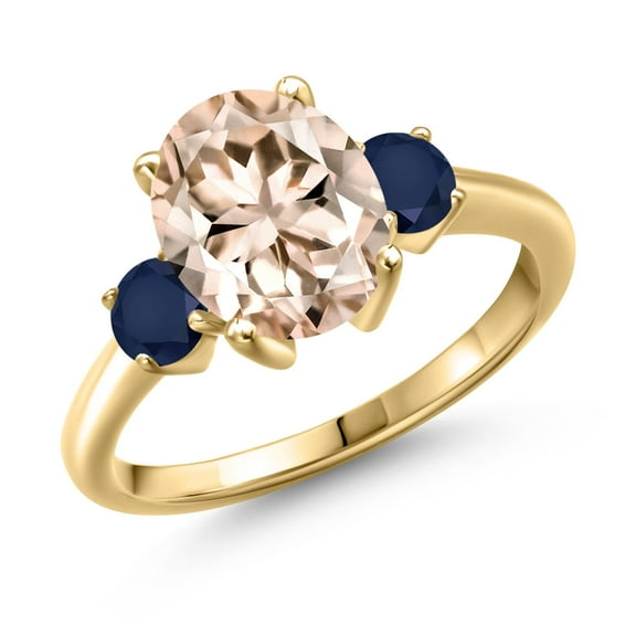Gem Stone King 2.70 Ct Oval Peach Morganite Blue Sapphire 18K Yellow Gold Plated Silver Ring