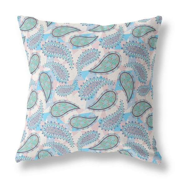 26â€ Blue Green Boho Paisley Indoor Outdoor Throw Pillow