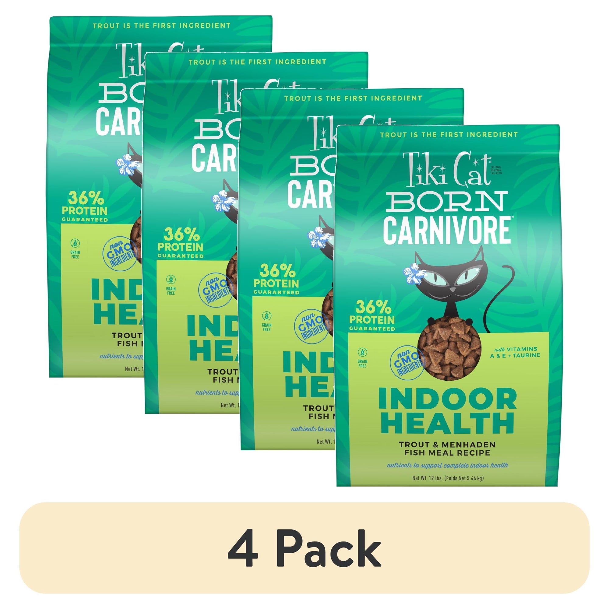 (4 pack) Tiki Cat Born Carnivore Indoor Health Dry Cat Food, Trout & Menhaden Fish Meal, 12 lbs. Bag