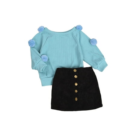 

Qtinghua Toddler Baby Girls Fall Winter Clothes Pompom Long Sleeve Knitwear Sweater Top Button Mini Skirt 2Pcs Set Blue 2-3 Years