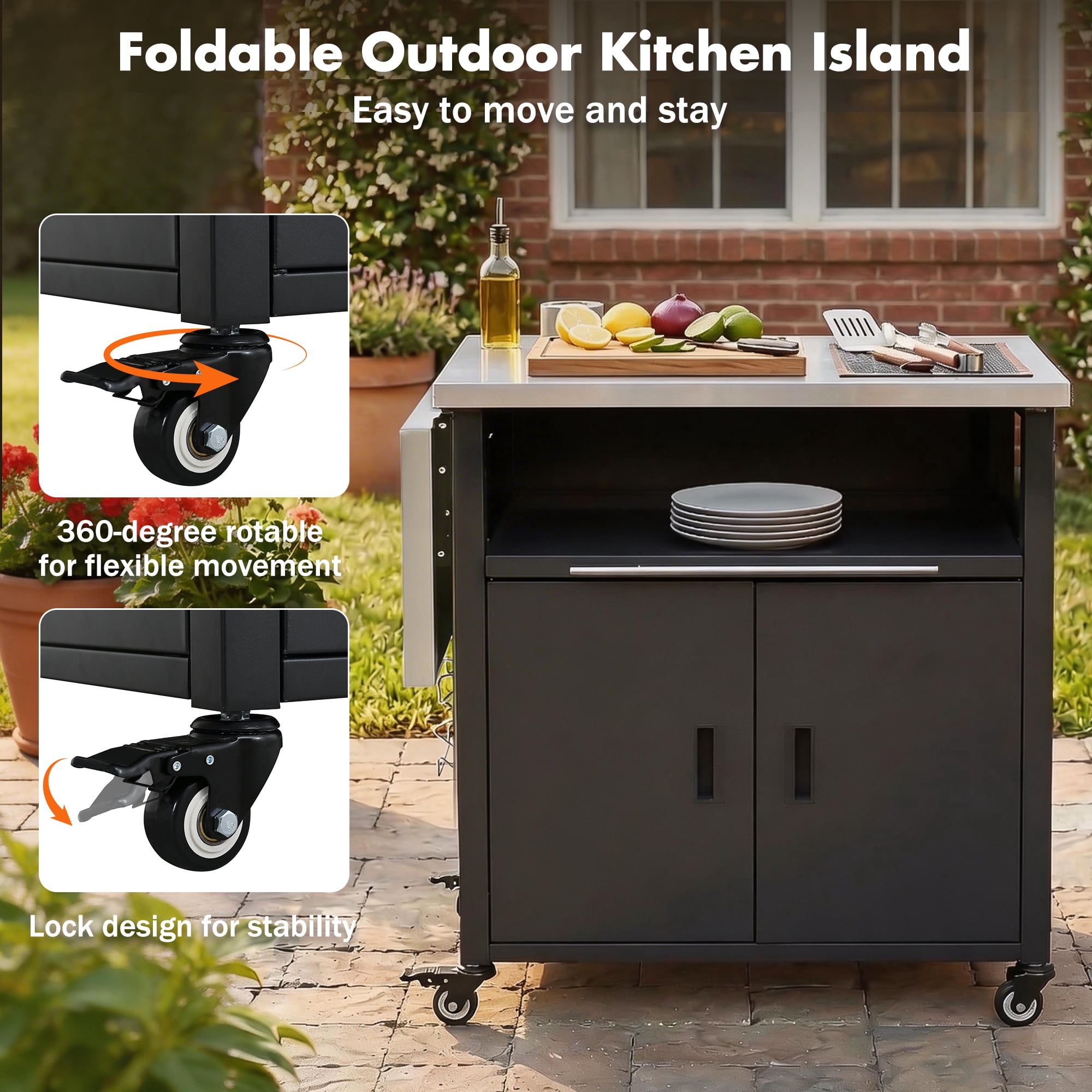 Foldable BBQ Prep Cart, Outdoor Patio Dining Serving Cart with Trash Rack for Backyard, Black