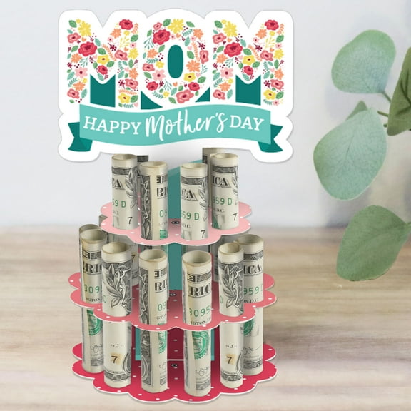 Big Dot of Happiness Colorful Floral Happy Mother's Day - DIY We Love Mom Party Money Holder Gift - Cash Cake