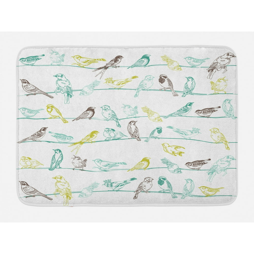 Birds Bath Mat, Various Type of Birds Sitting and Chirping on Wires