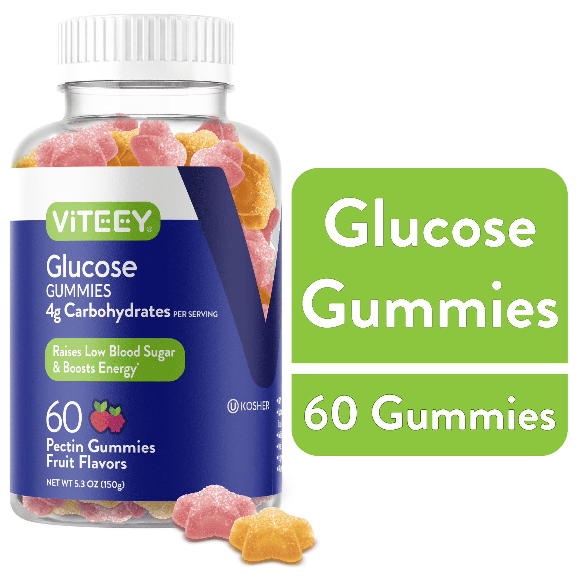 Viteey Glucose Gummies, Blood Sugar Support, 4g Carbohydrates per Serving, Fruit Flavor, 60 Ct