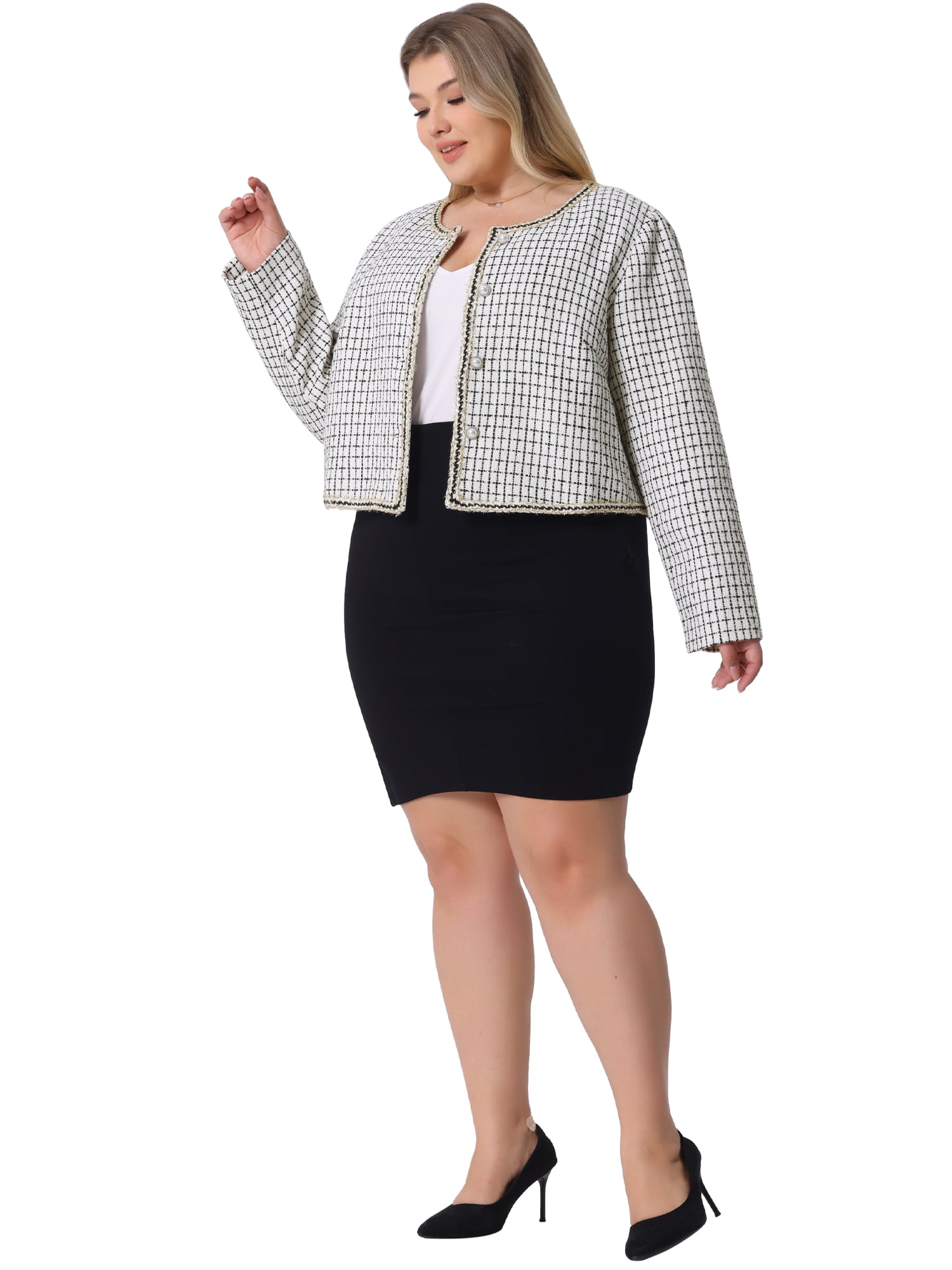 DARING DIVA Plus Size Plaid Tweed Blazer Collarless Open Front Jacket 2X White