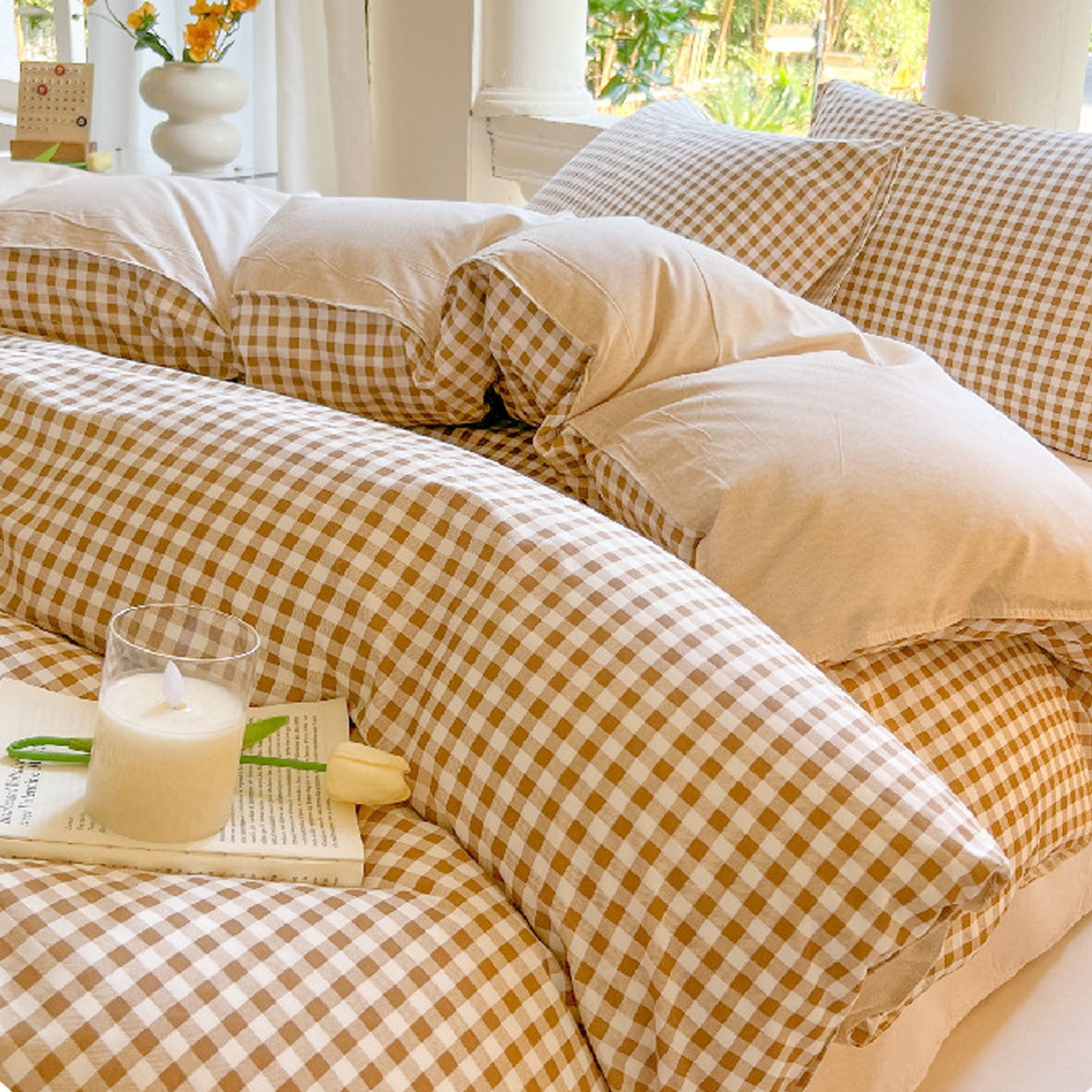 Bedding Sets Queen - Brown Polyester Bed Sheets, 4 Piece Duvet Cover Set, Soft Wrinkle Resistant, Easy Care