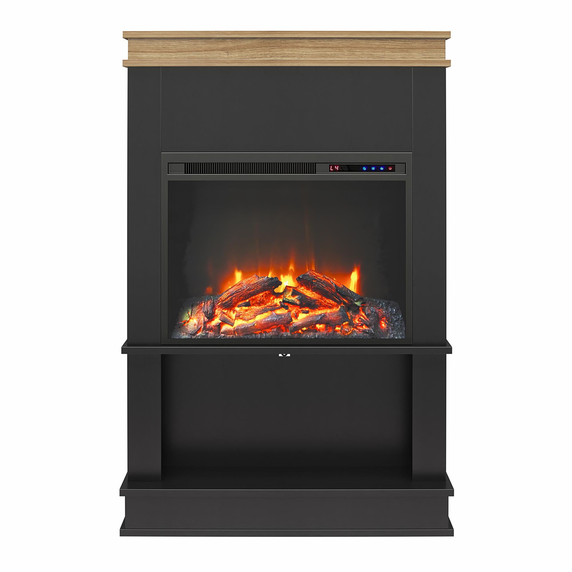 Ameriwood Home Mabrick Electric Fireplace with Mantel and Open Shelf, Black with Natural