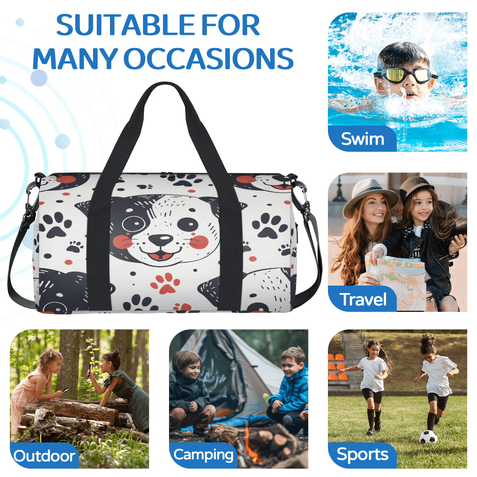 Herdesigns Funny Dog Gym Bag for Women, Duffle Bag for Travel Sport, Black Red Paw Lightweight Waterproof Carry on Weekender Dance Yoga Workout Bags