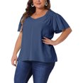thumbnail image 4 of Agnes Orinda Women's Plus Size Casual Tops Ruffle Sleeve Smocked Shoulder V Neck Summer Chiffon Blouse 1X Dark Blue, 4 of 6