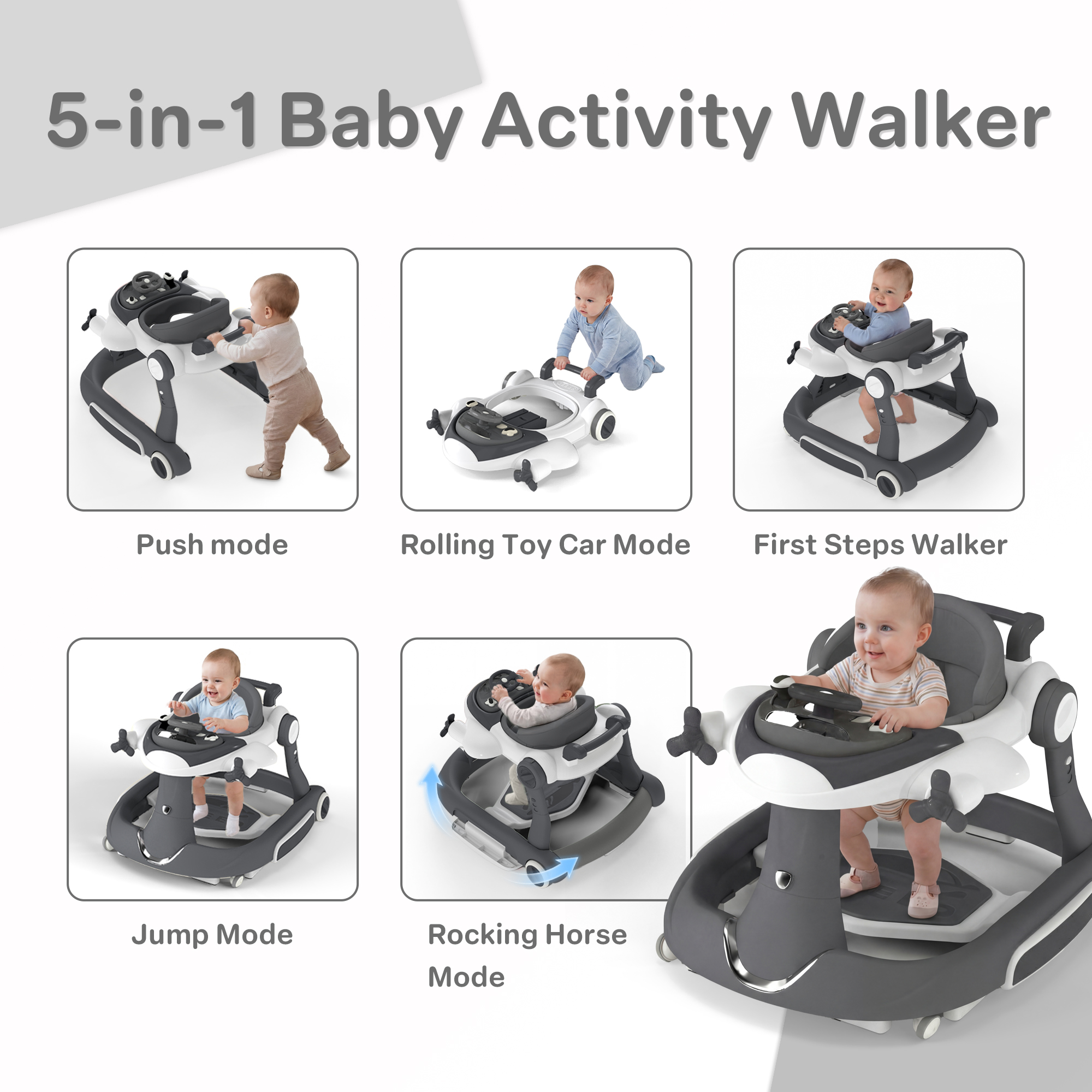 AILEEKISS 5-in-1 Musical Baby Walker, Gray photo 7