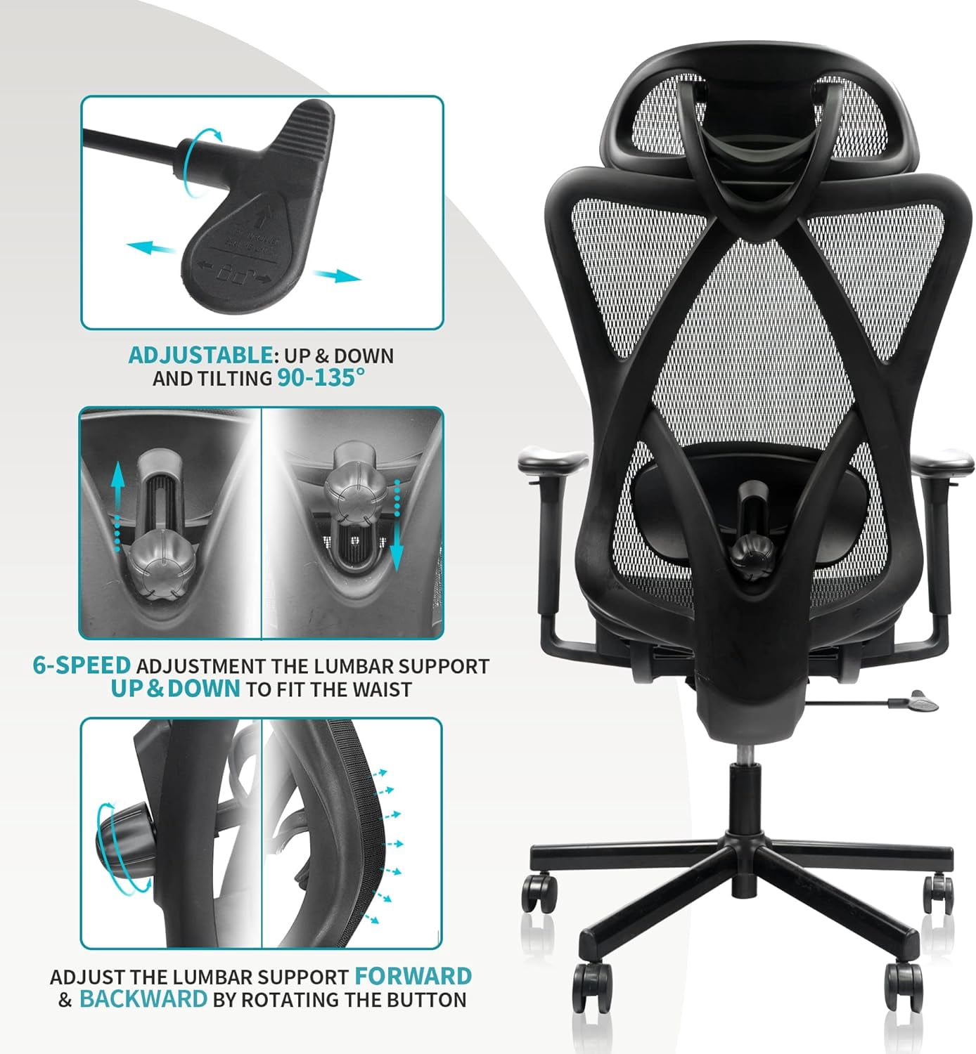 Mesh Office Chair, Ergonomic Office Chairs with Wheels, Adjustable Lumbar Support, Armrest, Headrest-Tilt High Back Desk Chair with Mute Wheel for Office, Home, Gaming