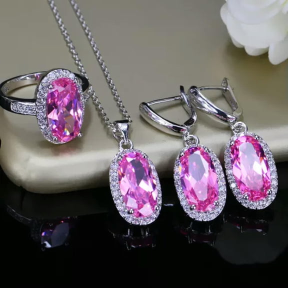 Gorgeous Big Oval Shape Pink Cubic Zirconia Pendant Earrings Ring CZ Jewelry Set