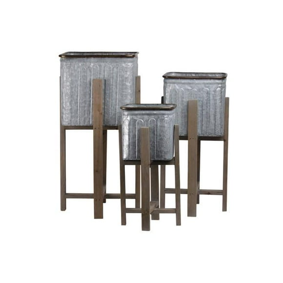 Urban Trends Collection 56412 Metal Square Planter with Copper Rim Mouth & Rounded Edges, Vented Pattern Design Body, Wooden Detachable Leg Stand - Galvanized Finish - Gray - Set of 3