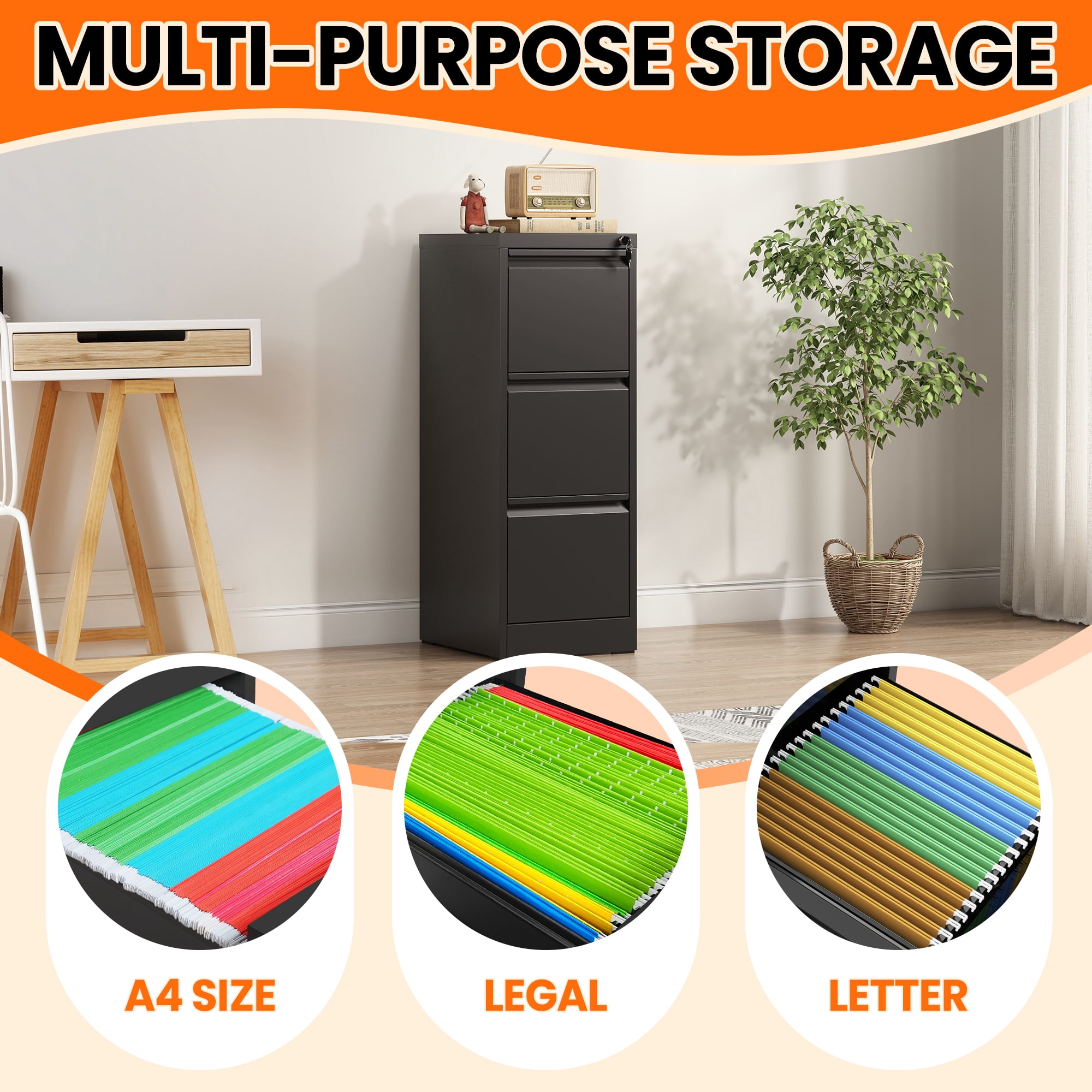 BIZOEIRON 3 Drawer Metal File Cabinet with Lock, Vertical Filing Cabinet for Hanging Legal/Letter Size Files, Black
