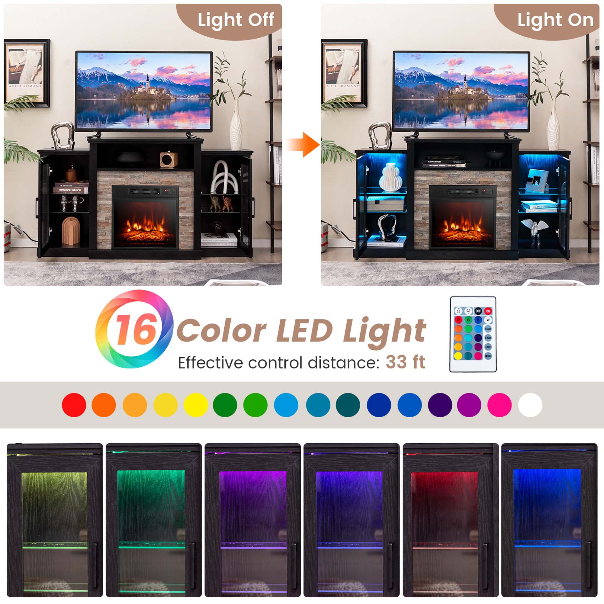 Costway Fireplace TV Stand with Led Lights & 18'' Electric Fireplace For 65" Wall-Mounted TV Black