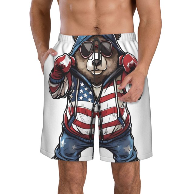 Fotbe Patriotic Boxing Bear Art Trajes de Baño Estampados para Hombre, Shorts de Verano de Secado Rápido, Ropa de Playa, Bañadores-X-Large
