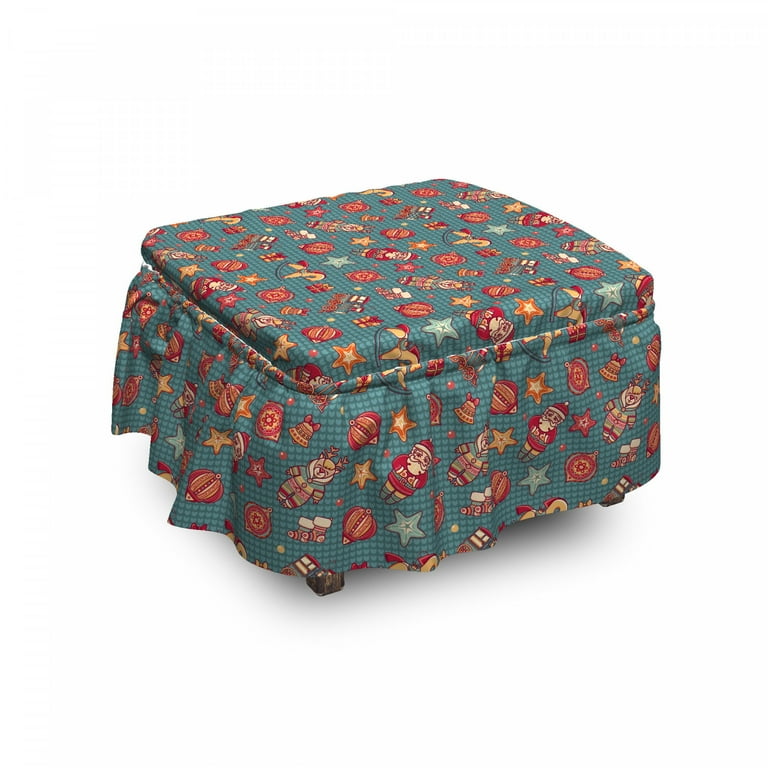 Christmas Ottoman Cover Noel Themed Cartoon 2 Piece Slipcover Set with Ruffle Skirt for Square Round Cube Footstool Decorative Home Accent Standard