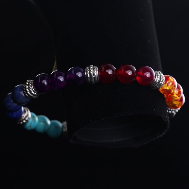Lava Rock 7 Chakras Difusor Pulsera Cuerda elástica Piedra Natural Yoga Granos Pulseras Brazalete para Hombres Mujeres Amonsee NO