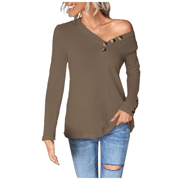 Women's Henley Shirts Long Sleeve V Neck Button Down Knit Sweater Fitted Tops Solid Color Comfy Tunic Blouses Tops